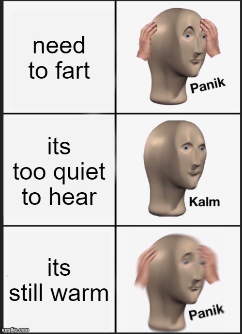 Panik Kalm Panik Meme | need to fart; its too quiet to hear; its still warm | image tagged in memes,panik kalm panik | made w/ Imgflip meme maker