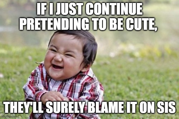 Evil Toddler Meme | IF I JUST CONTINUE PRETENDING TO BE CUTE, THEY'LL SURELY BLAME IT ON SIS | image tagged in memes,evil toddler | made w/ Imgflip meme maker