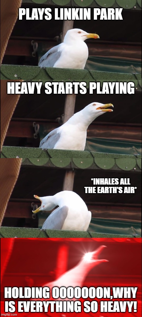Inhaling Seagull | PLAYS LINKIN PARK; HEAVY STARTS PLAYING; *INHALES ALL THE EARTH'S AIR*; HOLDING OOOOOOON,WHY IS EVERYTHING SO HEAVY! | image tagged in memes,inhaling seagull | made w/ Imgflip meme maker