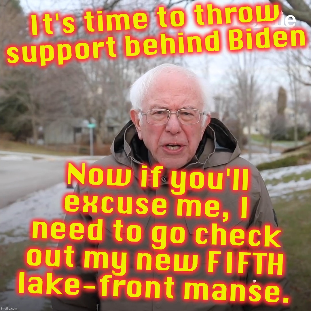 Oh, come on, it's satire... maybe he'll get "stock options" this time | It's time to throw support behind Biden; Now if you'll excuse me, I need to go check out my new FIFTH lake-front manse. | image tagged in bernie sanders no-text,joe biden | made w/ Imgflip meme maker