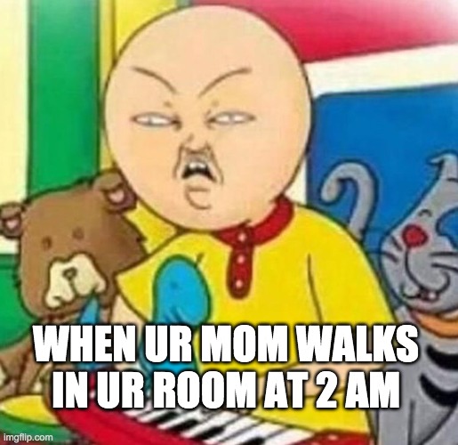 Caillou! My Friend gave me this idea:) | WHEN UR MOM WALKS IN UR ROOM AT 2 AM | image tagged in angry caillou | made w/ Imgflip meme maker