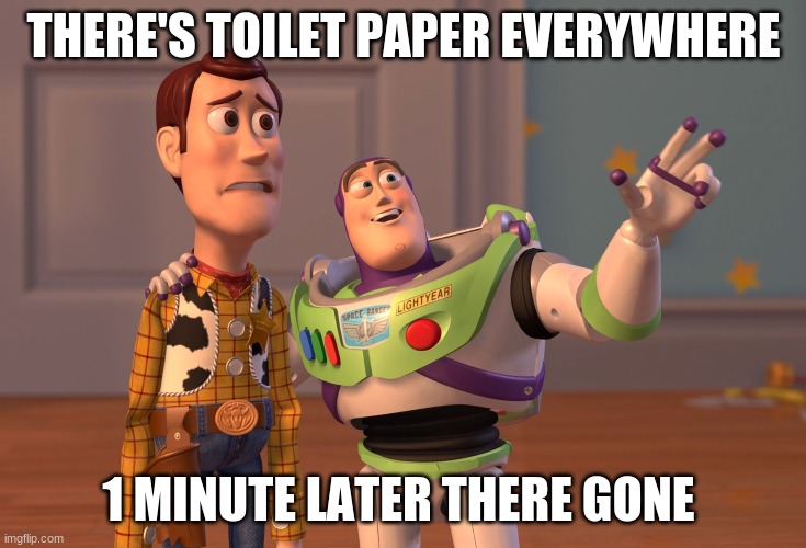 X, X Everywhere | THERE'S TOILET PAPER EVERYWHERE; 1 MINUTE LATER THERE GONE | image tagged in memes,x x everywhere | made w/ Imgflip meme maker