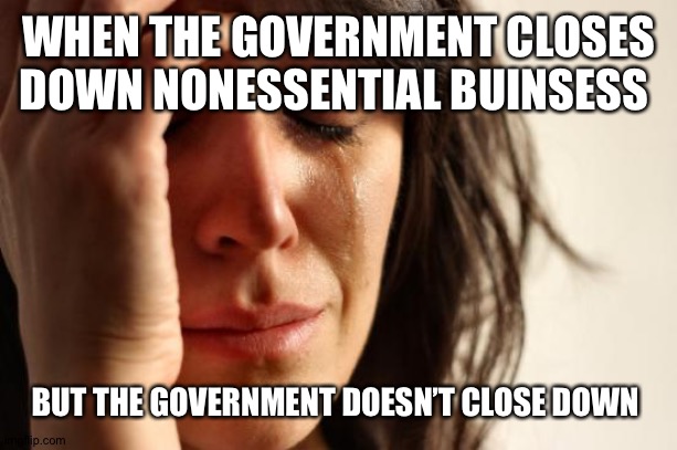 First World Problems Meme | WHEN THE GOVERNMENT CLOSES DOWN NONESSENTIAL BUINSESS; BUT THE GOVERNMENT DOESN’T CLOSE DOWN | image tagged in memes,first world problems | made w/ Imgflip meme maker