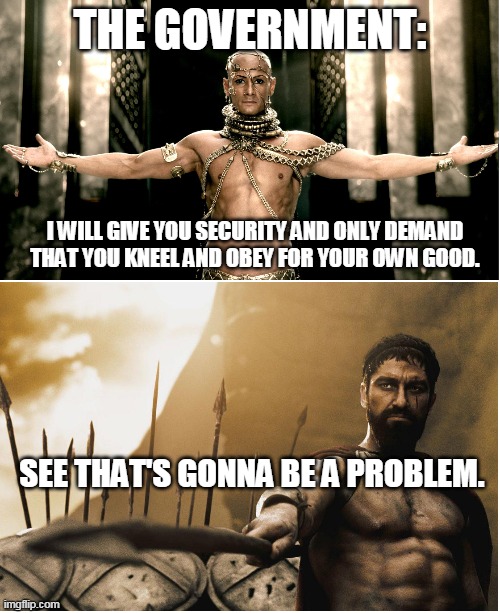 Xerxes and sparta king | THE GOVERNMENT:; I WILL GIVE YOU SECURITY AND ONLY DEMAND THAT YOU KNEEL AND OBEY FOR YOUR OWN GOOD. SEE THAT'S GONNA BE A PROBLEM. | image tagged in xerxes and sparta king | made w/ Imgflip meme maker