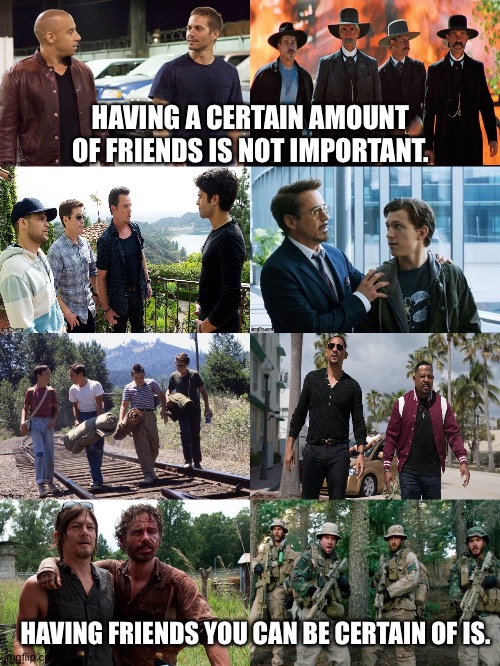 HAVING A CERTAIN AMOUNT OF FRIENDS IS NOT IMPORTANT. HAVING FRIENDS YOU CAN BE CERTAIN OF IS. | image tagged in friends,brothers,loyalty | made w/ Imgflip meme maker