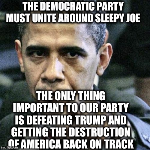 Pissed Off Obama | THE DEMOCRATIC PARTY MUST UNITE AROUND SLEEPY JOE; THE ONLY THING IMPORTANT TO OUR PARTY IS DEFEATING TRUMP AND GETTING THE DESTRUCTION OF AMERICA BACK ON TRACK | image tagged in memes,pissed off obama,joe biden,election 2020,democrats,democratic party | made w/ Imgflip meme maker