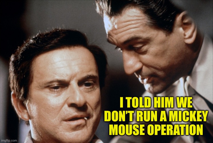 Pesci and De Niro Goodfellas | I TOLD HIM WE DON’T RUN A MICKEY MOUSE OPERATION | image tagged in pesci and de niro goodfellas | made w/ Imgflip meme maker