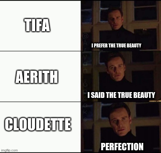 FF7R in a nutshell | TIFA; I PREFER THE TRUE BEAUTY; AERITH; I SAID THE TRUE BEAUTY; CLOUDETTE; PERFECTION | image tagged in i prefer the x,ff7r,final fantasy 7 | made w/ Imgflip meme maker