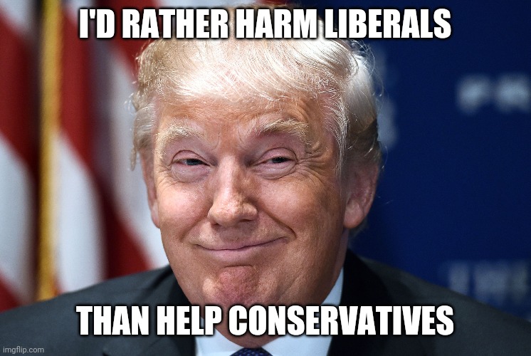 Trump smiles | I'D RATHER HARM LIBERALS; THAN HELP CONSERVATIVES | image tagged in trump smiles | made w/ Imgflip meme maker