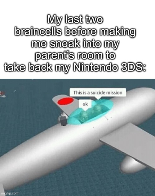 Based on real events :( | My last two braincells before making me sneak into my parent’s room to take back my Nintendo 3DS: | image tagged in suicide,memes,funny,lmao,gaming,nintendo | made w/ Imgflip meme maker