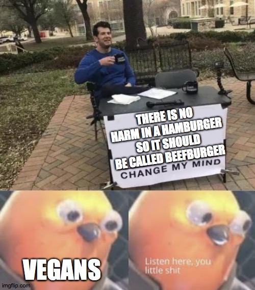 THERE IS NO HARM IN A HAMBURGER SO IT SHOULD BE CALLED BEEFBURGER; VEGANS | image tagged in memes,change my mind,listen here you little shit bird | made w/ Imgflip meme maker