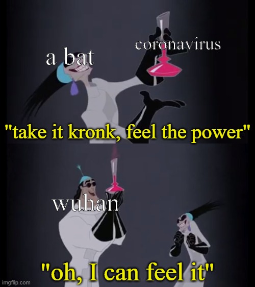 take it kronk, feel the power | coronavirus; a bat; wuhan | image tagged in take it kronk feel the power | made w/ Imgflip meme maker