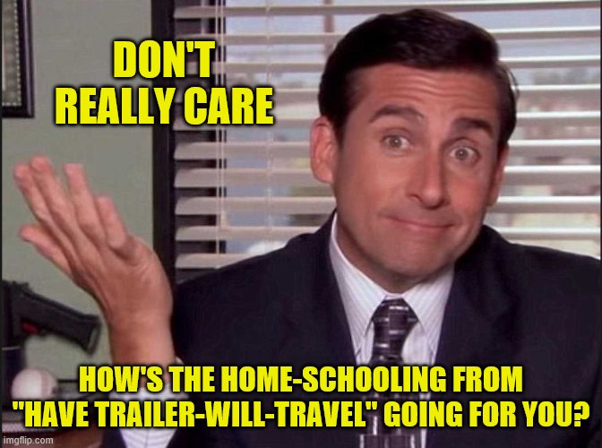 Michael Scott | DON'T REALLY CARE HOW'S THE HOME-SCHOOLING FROM "HAVE TRAILER-WILL-TRAVEL" GOING FOR YOU? | image tagged in michael scott | made w/ Imgflip meme maker