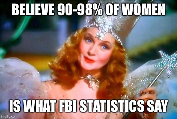 Don’t believe all women. Just believe most of them. | BELIEVE 90-98% OF WOMEN; IS WHAT FBI STATISTICS SAY | image tagged in glinda the good witch,metoo,sexual assault,sexual harassment,fbi,statistics | made w/ Imgflip meme maker
