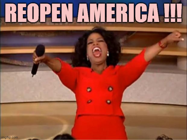 do it now | REOPEN AMERICA !!! | image tagged in memes,oprah you get a | made w/ Imgflip meme maker