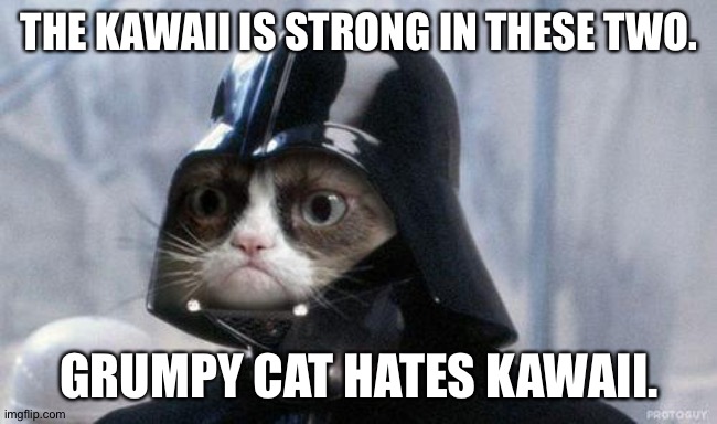 Grumpy Cat Star Wars Meme | THE KAWAII IS STRONG IN THESE TWO. GRUMPY CAT HATES KAWAII. | image tagged in memes,grumpy cat star wars,grumpy cat | made w/ Imgflip meme maker