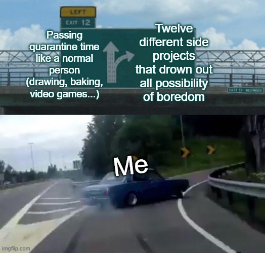 Left Exit 12 Off Ramp Meme | Passing quarantine time like a normal person (drawing, baking, video games...); Twelve different side projects that drown out all possibility of boredom; Me | image tagged in memes,left exit 12 off ramp | made w/ Imgflip meme maker