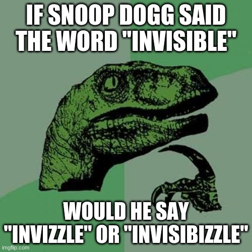 Leave a comment telling me what you think! | IF SNOOP DOGG SAID THE WORD "INVISIBLE"; WOULD HE SAY "INVIZZLE" OR "INVISIBIZZLE" | image tagged in memes,philosoraptor,snoop dogg,snoop,question,invisible | made w/ Imgflip meme maker