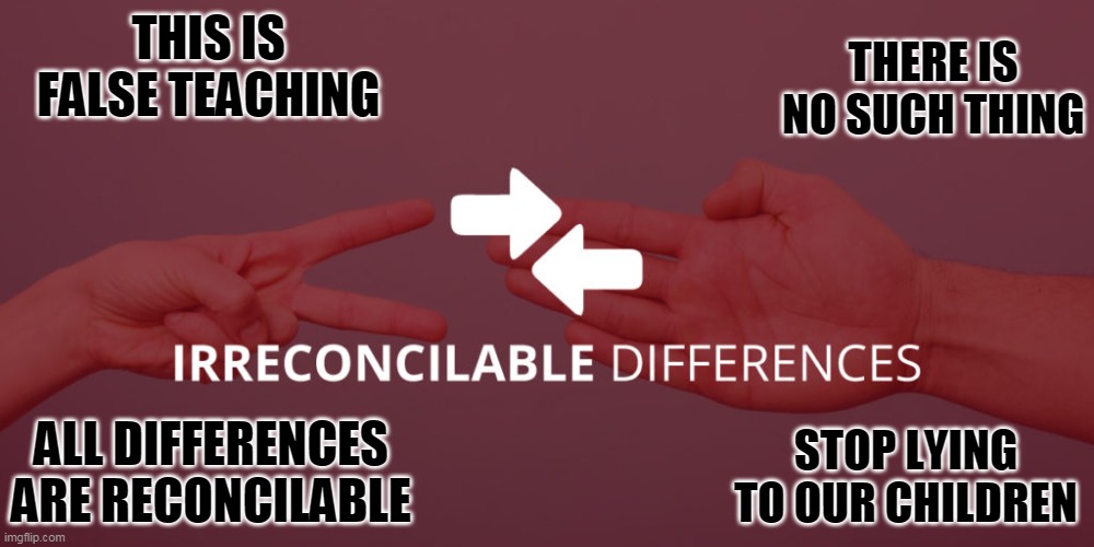 Irreconcilable Differences- FALSE | THIS IS FALSE TEACHING; THERE IS NO SUCH THING; ALL DIFFERENCES ARE RECONCILABLE; STOP LYING TO OUR CHILDREN | image tagged in irreconcilable,differences,marriage,divorce | made w/ Imgflip meme maker