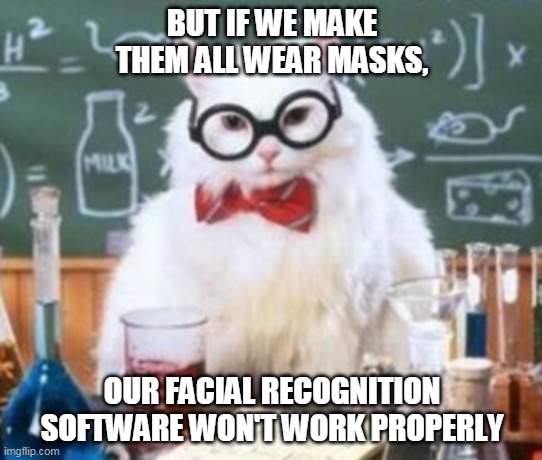 Masks | BUT IF WE MAKE THEM ALL WEAR MASKS, OUR FACIAL RECOGNITION SOFTWARE WON'T WORK PROPERLY | image tagged in masks,coronavirus,facial recognition,conspiracy theory,new world order | made w/ Imgflip meme maker