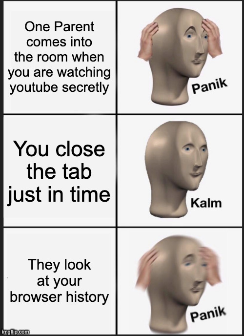 Panik Kalm Panik Meme | One Parent comes into the room when you are watching youtube secretly; You close the tab just in time; They look at your browser history | image tagged in memes,panik kalm panik | made w/ Imgflip meme maker