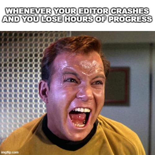 Captain Kirk Screaming | WHENEVER YOUR EDITOR CRASHES AND YOU LOSE HOURS OF PROGRESS | image tagged in captain kirk screaming | made w/ Imgflip meme maker