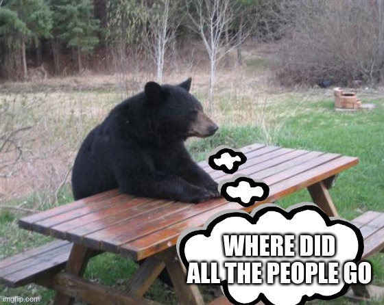 Bad Luck Bear | WHERE DID ALL THE PEOPLE GO | image tagged in memes,bad luck bear | made w/ Imgflip meme maker