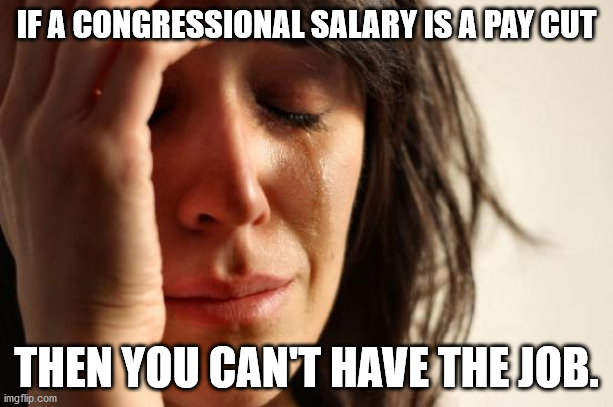 First World Problems | IF A CONGRESSIONAL SALARY IS A PAY CUT; THEN YOU CAN'T HAVE THE JOB. | image tagged in memes,first world problems | made w/ Imgflip meme maker