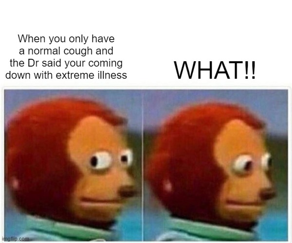 Monkey Puppet | WHAT!! When you only have a normal cough and the Dr said your coming down with extreme illness | image tagged in memes,monkey puppet | made w/ Imgflip meme maker