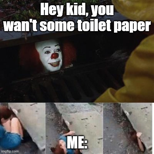 pennywise in sewer | Hey kid, you wan't some toilet paper; ME: | image tagged in pennywise in sewer | made w/ Imgflip meme maker