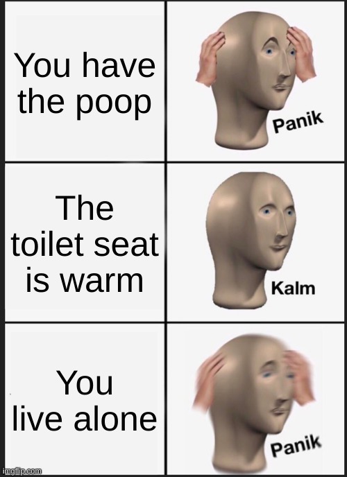 Panik Kalm Panik Meme | You have the poop; The toilet seat is warm; You live alone | image tagged in memes,panik kalm panik | made w/ Imgflip meme maker
