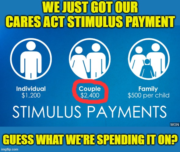 Thanks, Congress! Find out in the comments what we spent ours on... |  WE JUST GOT OUR CARES ACT STIMULUS PAYMENT; GUESS WHAT WE'RE SPENDING IT ON? | image tagged in cares act stimulus payments,money,debt,budget,finance,save | made w/ Imgflip meme maker
