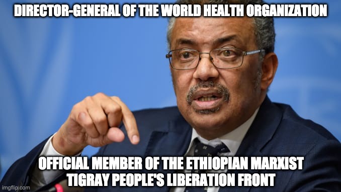 DIRECTOR-GENERAL OF THE WORLD HEALTH ORGANIZATION; OFFICIAL MEMBER OF THE ETHIOPIAN MARXIST
TIGRAY PEOPLE'S LIBERATION FRONT | image tagged in united nations,marxism,marx,karl marx,cultural marxism,communism | made w/ Imgflip meme maker