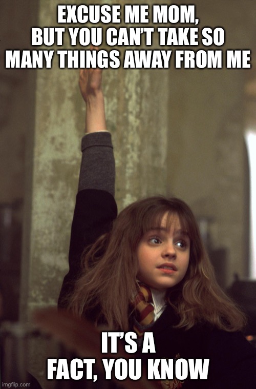 harry potter nerd | EXCUSE ME MOM, BUT YOU CAN’T TAKE SO MANY THINGS AWAY FROM ME IT’S A FACT, YOU KNOW | image tagged in harry potter nerd | made w/ Imgflip meme maker