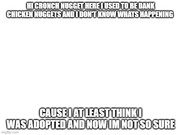 Blank White Template | HI CRONCH NUGGET HERE I USED TO BE DANK CHICKEN NUGGETS AND I DON'T KNOW WHATS HAPPENING; CAUSE I AT LEAST THINK I WAS ADOPTED AND NOW IM NOT SO SURE | image tagged in blank white template | made w/ Imgflip meme maker
