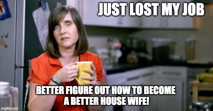 Bad Scottish Housewife | JUST LOST MY JOB; BETTER FIGURE OUT HOW TO BECOME 
A BETTER HOUSE WIFE! | image tagged in bad scottish housewife | made w/ Imgflip meme maker