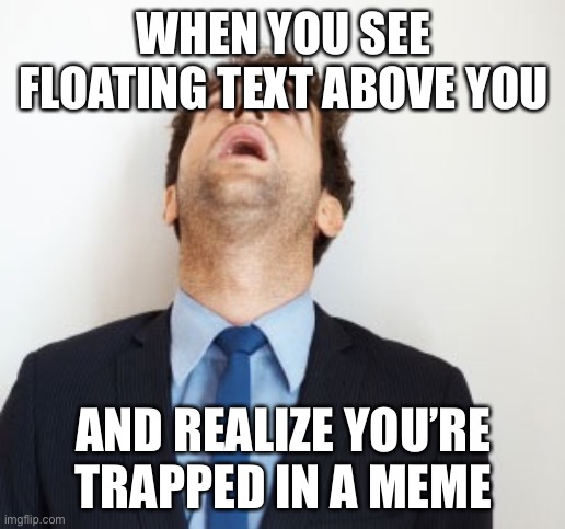 Guy looking up | WHEN YOU SEE FLOATING TEXT ABOVE YOU; AND REALIZE YOU’RE TRAPPED IN A MEME | image tagged in guy looking up | made w/ Imgflip meme maker