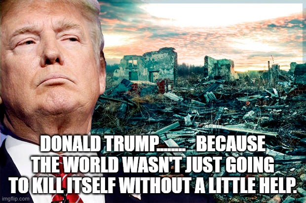 DONALD TRUMP........   BECAUSE THE WORLD WASN'T JUST GOING TO KILL ITSELF WITHOUT A LITTLE HELP. | made w/ Imgflip meme maker