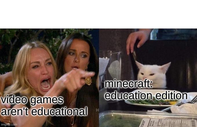 Woman Yelling At Cat Meme | minecraft: education edition; video games aren't educational | image tagged in memes,woman yelling at cat | made w/ Imgflip meme maker