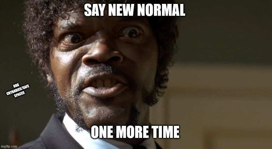 New Normal | SAY NEW NORMAL; OBX CRYBABIES/SAFE SPACES; ONE MORE TIME | image tagged in samuel l jackson say one more time,your mom,butter,finger | made w/ Imgflip meme maker