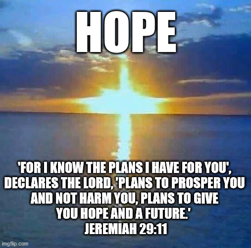 The Lord's Hope | HOPE; 'FOR I KNOW THE PLANS I HAVE FOR YOU', 
DECLARES THE LORD, 'PLANS TO PROSPER YOU 
AND NOT HARM YOU, PLANS TO GIVE 
YOU HOPE AND A FUTURE.'  
JEREMIAH 29:11 | image tagged in hope | made w/ Imgflip meme maker