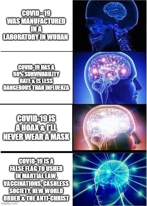 Expanding Brain Meme | COVID - 19 WAS MANUFACTURED IN A LABORATORY IN WUHAN; COVID-19 HAS A 98% SURVIVABILITY RATE & IS LESS DANGEROUS THAN INFLUENZA; COVID-19 IS A HOAX & I'LL NEVER WEAR A MASK; COVID-19 IS A FALSE FLAG TO USHER IN MARTIAL LAW, VACCINATIONS, CASHLESS SOCIETY, NEW WORLD ORDER & THE ANTI-CHRIST | image tagged in memes,expanding brain,antichrist,hoax,false flag,media lies | made w/ Imgflip meme maker