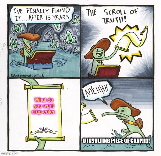 The Scroll Of Truth | What do you want
crap-eater. U INSULTING PIECE OF CRAP!!!!! | image tagged in memes,the scroll of truth | made w/ Imgflip meme maker
