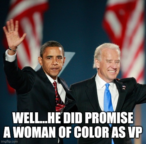WELL...HE DID PROMISE A WOMAN OF COLOR AS VP | image tagged in joe biden,obama,election 2020 | made w/ Imgflip meme maker