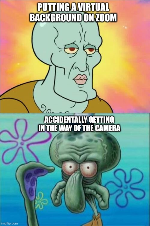 Squidward Meme | PUTTING A VIRTUAL BACKGROUND ON ZOOM; ACCIDENTALLY GETTING IN THE WAY OF THE CAMERA | image tagged in memes,squidward | made w/ Imgflip meme maker