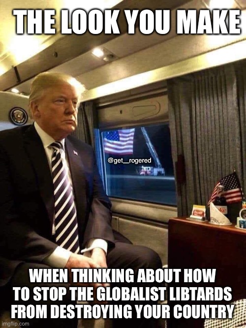 Trump Rocks | THE LOOK YOU MAKE; @get_rogered; WHEN THINKING ABOUT HOW TO STOP THE GLOBALIST LIBTARDS FROM DESTROYING YOUR COUNTRY | image tagged in trump rocks | made w/ Imgflip meme maker