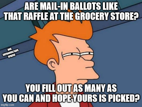 Vote Early, Vote Often | ARE MAIL-IN BALLOTS LIKE THAT RAFFLE AT THE GROCERY STORE? OBX CRYBABIES/SAFE SPACES; YOU FILL OUT AS MANY AS YOU CAN AND HOPE YOURS IS PICKED? | image tagged in memes,futurama fry,something,something something,something something something,random tag | made w/ Imgflip meme maker