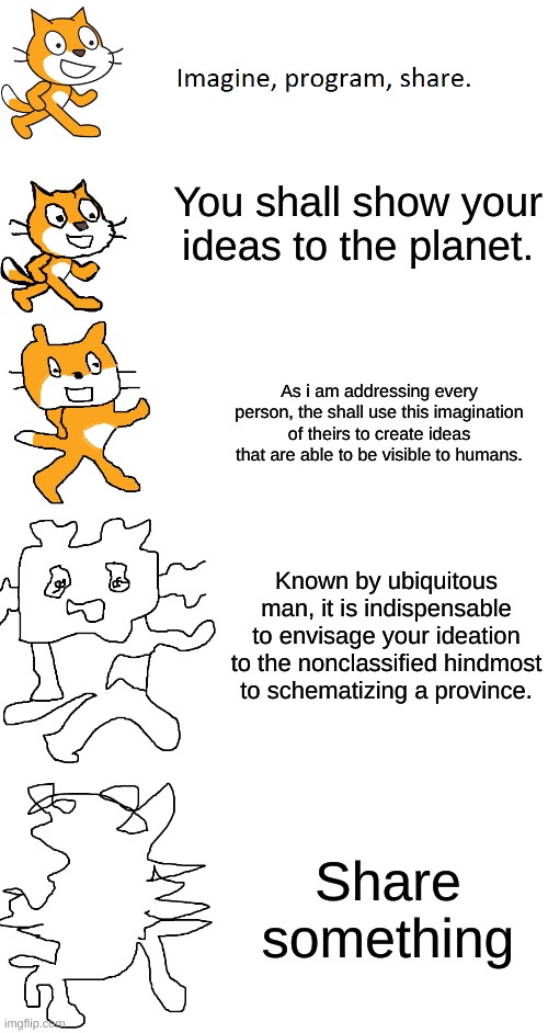 Increasingly Verbose: Scratch | You shall show your ideas to the planet. As i am addressing every person, the shall use this imagination of theirs to create ideas that are able to be visible to humans. Known by ubiquitous man, it is indispensable to envisage your ideation to the nonclassified hindmost to schematizing a province. Share something | image tagged in increasingly verbose scratch | made w/ Imgflip meme maker