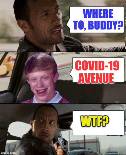Rock driving Bad Luck Brian | WHERE TO, BUDDY? COVID-19 AVENUE; WTF? | image tagged in rock driving bad luck brian | made w/ Imgflip meme maker