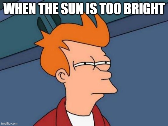 Futurama Fry | WHEN THE SUN IS TOO BRIGHT | image tagged in memes,futurama fry | made w/ Imgflip meme maker